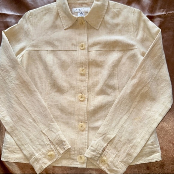 Magaschoni Linen Cropped Button-Front Jacket Shirt Pale Cream Yellow Lined Sz 6 - Picture 6 of 14